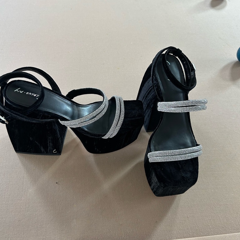 Black, velvet and bling open toe strap chunky heels